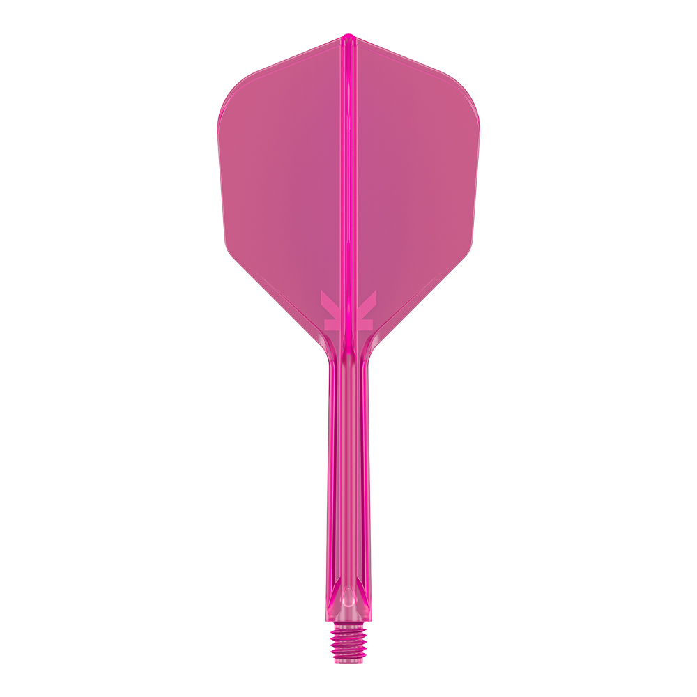 Plume et tige de fléchette K-Flex de couleur rose vif et translucide, forme n°06, niveau intermédiaire. Système intégré avec filetage en bas pour la fixation au corps de la fléchette. Petit logo « K » visible au niveau de la jonction.