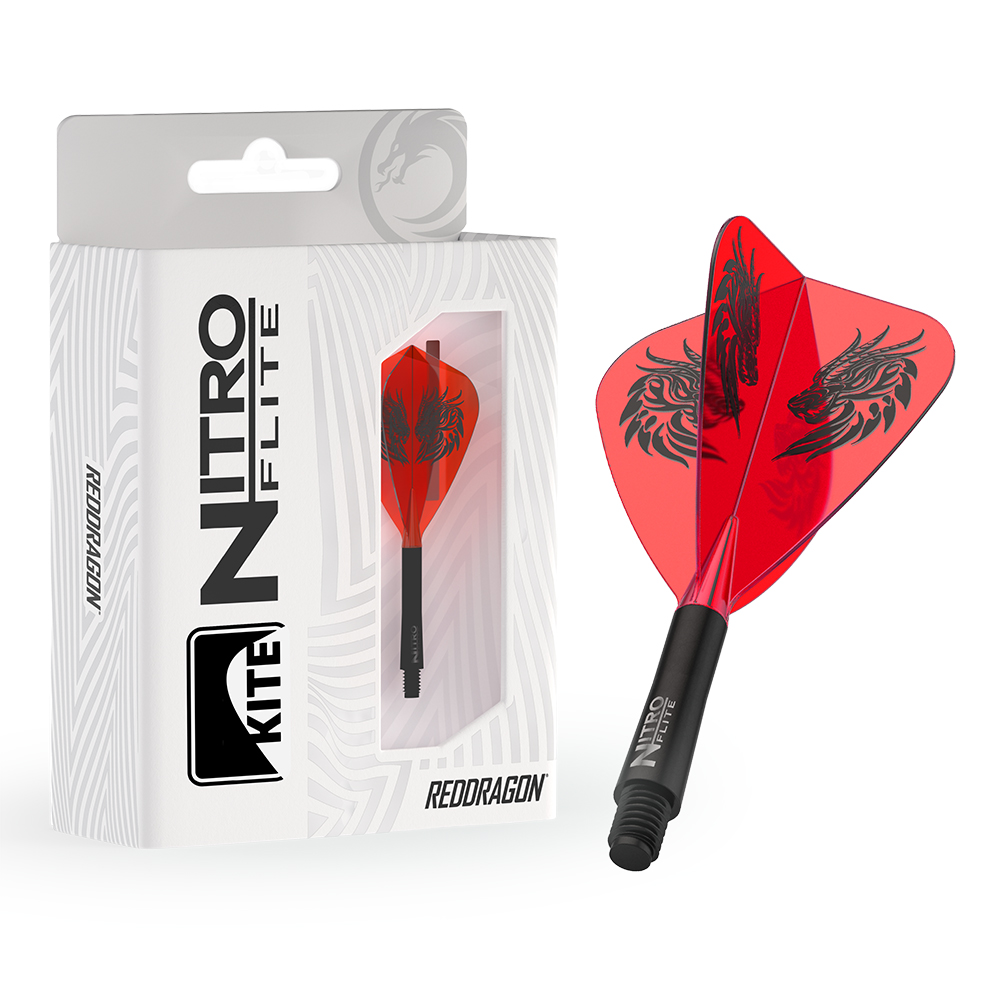 Deux ailettes de fléchettes rouges avec un motif dynamique de cerf-volant noir. L'une est dans un emballage blanc avec « REDDRAGON KITE NITRO FLITE », l'autre, plus grande, est montée sur une tige noire, prête à l'emploi.