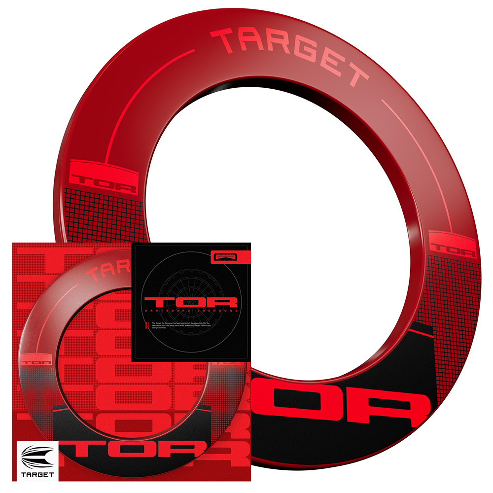 Anneau de protection TOR « Target » rouge brillant pour cibles de fléchettes. Cet anneau large protège le mur ; inscription « Target » en rouge en haut, touches de noir et logo « TOR » en bas. Motif en grille raffiné.