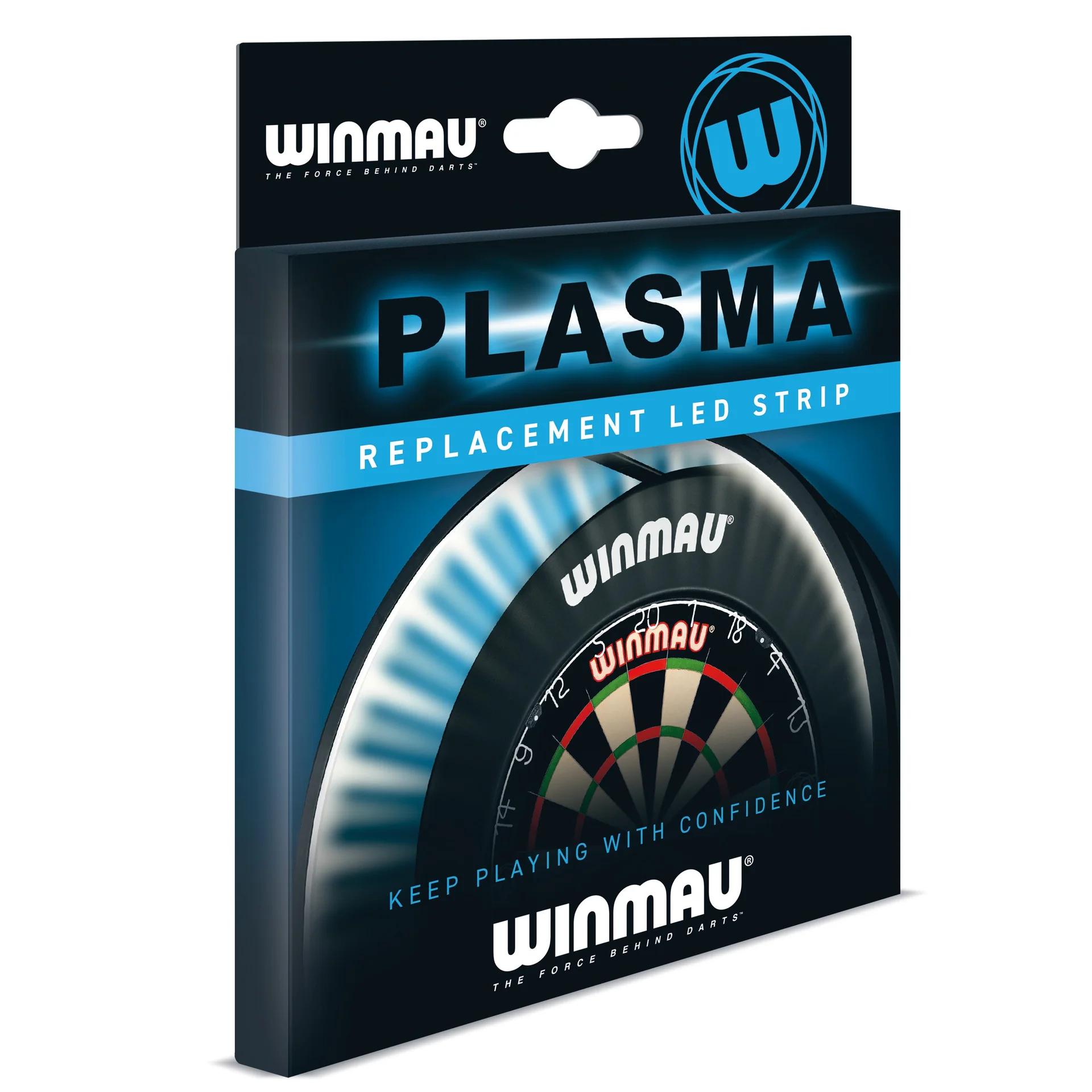 Dunkelblaue Verpackung für Winmau Plasma Ersatz-LED-Strips. Vorderseite mit leuchtendem Schriftzug „PLASMA REPLACEMENT LED STRIP“ und beleuchteter Dartscheibe als Symbol für helle Dartboard-Ausleuchtung. Winmau-Logo oben.