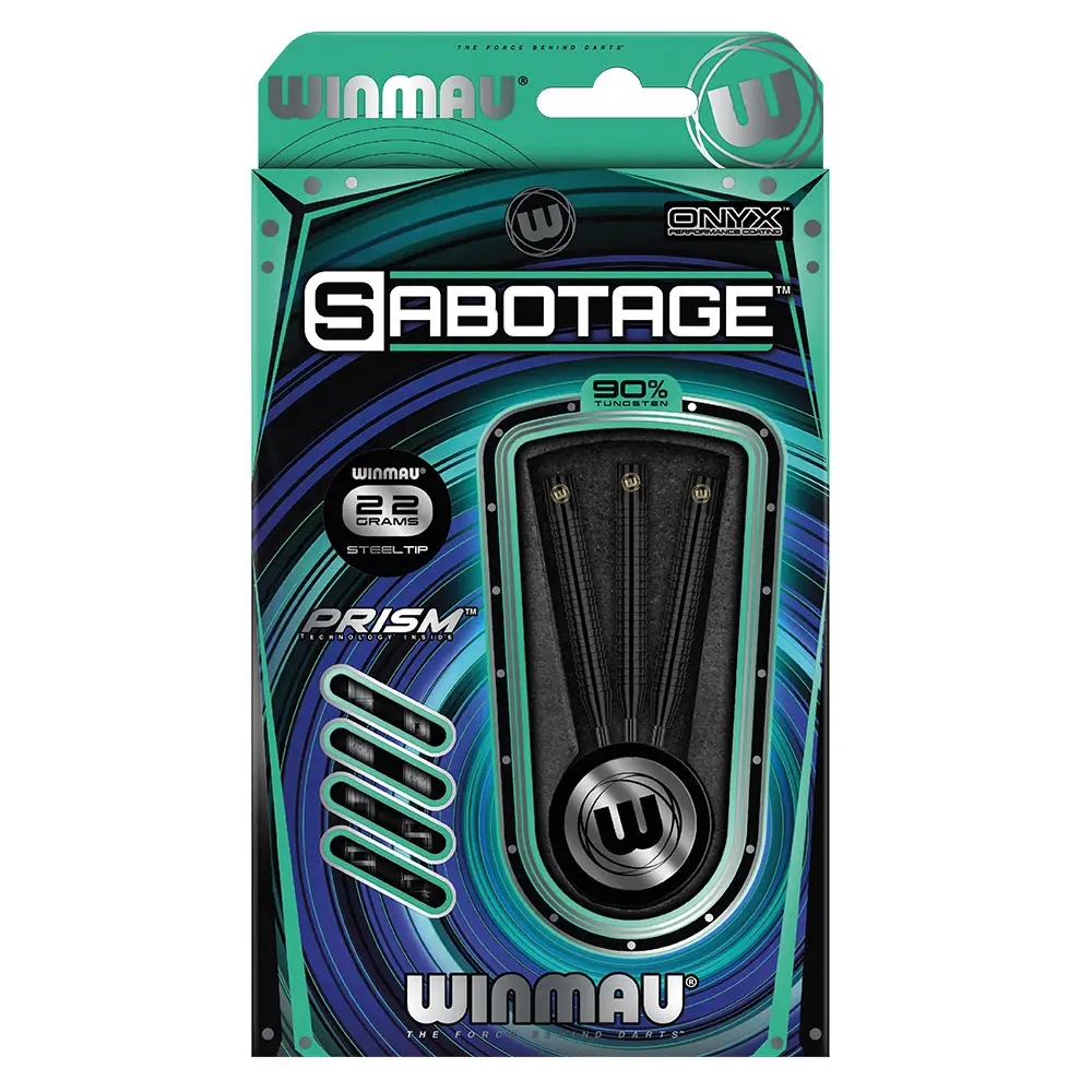 Emballage du set de fléchettes acier Sabotage Black de Winmau. Boîte bleu sarcelle/noire avec fenêtre transparente, montrant 3 fléchettes acier noires de 22 g (90 % tungstène). Logo Sabotage, revêtement onyx, tiges Prism.