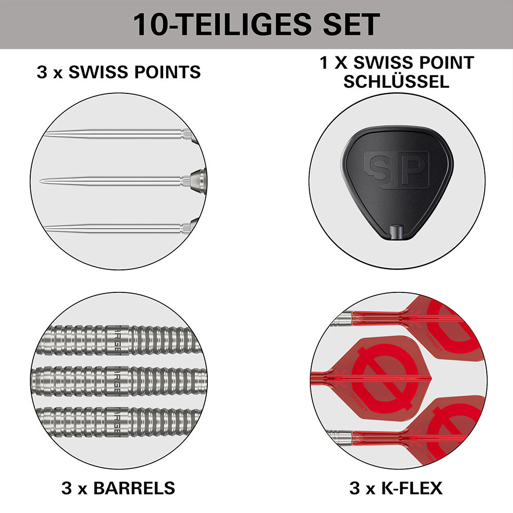 Gros plan sur un jeu de 10 fléchettes en acier de la marque Target Group : trois Swiss Points argentées, une tige Swiss Point noire arborant le logo SP, trois corps rainurés (50 % de tungstène) et trois plumes rouges K-Flex au design GROUP.