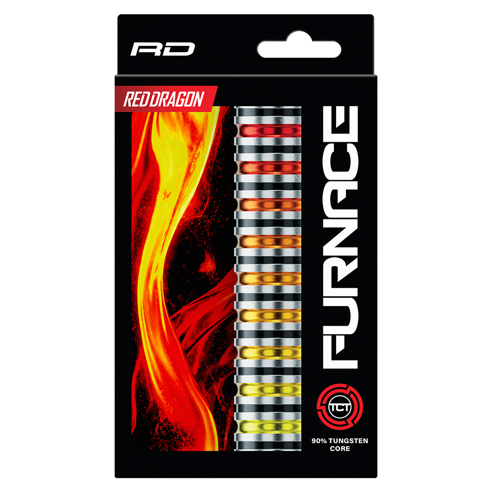 Black product packaging for ‘ Red Dragon ’ Furnace steel darts, featuring a red and yellow flame illustration. In the centre, vertical, shiny silver dart barrels with rings in red, orange, gold and yellow; 90% tungsten core.