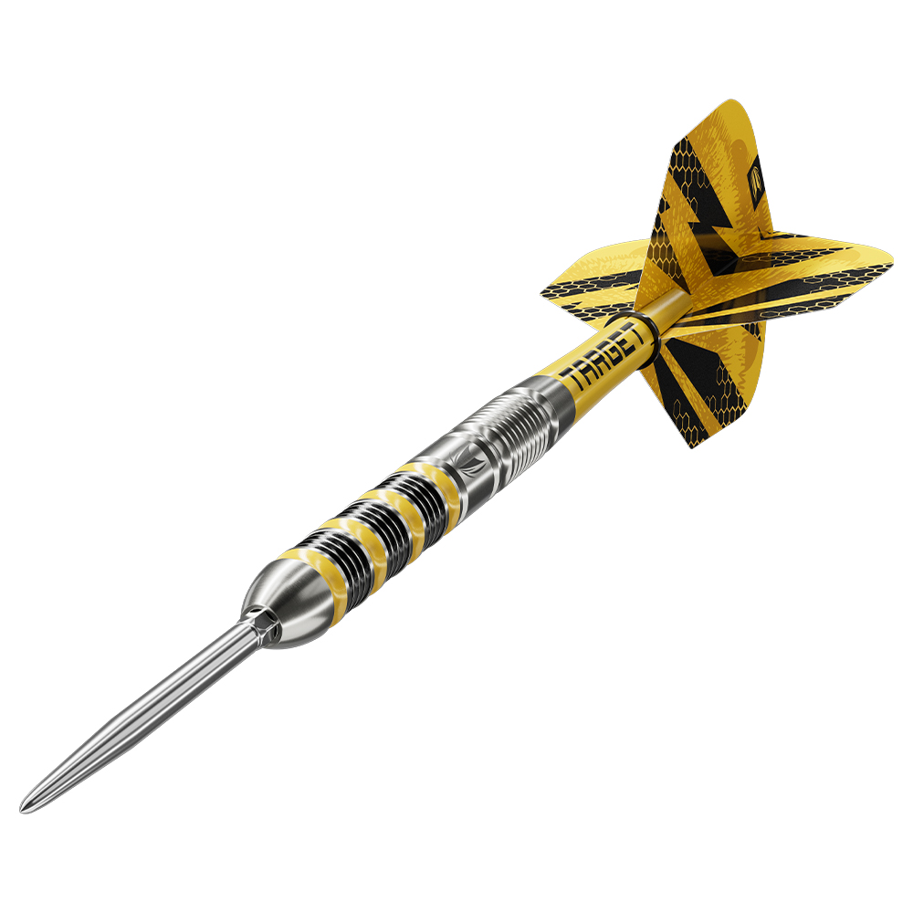 Fléchette en acier Target série BUZZ, pointe Swiss Point argentée, corps tungstène 90 %. Argentée avec anneaux jaunes/noirs et rainures fraisées pour une prise sûre. Tige jaune logo Target, ailettes jaunes motif nid d’abeille.
