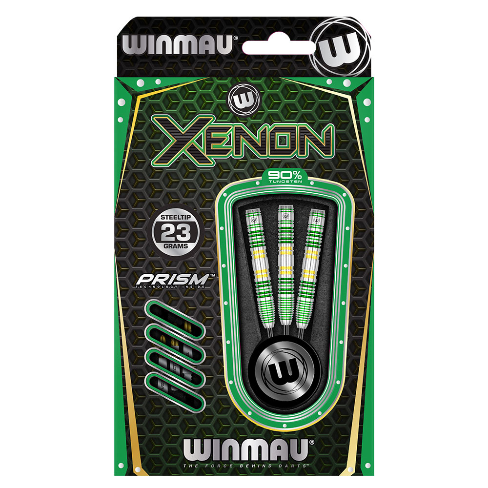 Winmau Xenon darts set in green and black honeycomb packaging. The set includes three steel-tip darts with silver, green and yellow stripes, four dart flights and a round black dart box. 23 g, 90% tungsten.