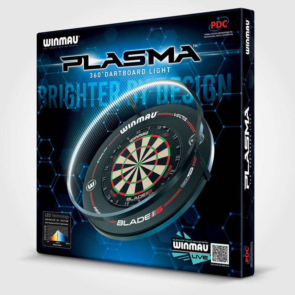 Emballage du produit « Winmau » Plasma 360° Dartboard Light : boîte bleu foncé contenant une cible « Winmau » Blade 6, entourée d'un anneau lumineux LED. « PLASMA 360° DARTBOARD LIGHT », « BRIGHTER BY DESIGN », logo « Winmau », « PDC Official Dartboard ».