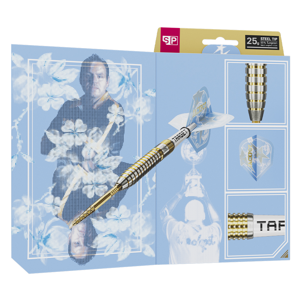Fléchettes acier «Target» Adrian Lewis Showdown, dorées/argentées, en emballage bleu clair. Corps tungstène 95 % usiné, rainures radiales et segments annulaires, pointe dorée. Plumes Pro Ultra blanches «Jackpot». Filigrane.