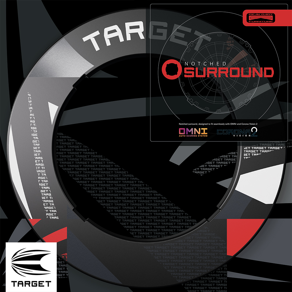 Anneau de protection noir rainuré « Target » pour protéger la zone autour d’une cible de fléchettes. Encoches compatibles Omni Auto Scoring et Corona Vision ; protège le mur des fléchettes égarées.