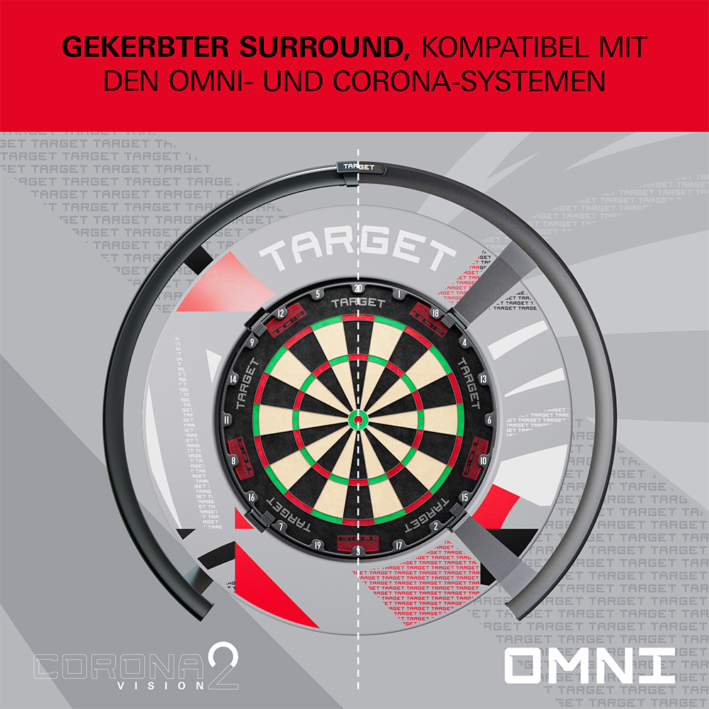 Anneau de rattrapage gris à motifs pour cibles de fléchettes, qui entoure une cible standard. Encoches sur le dessus pour une intégration parfaite des systèmes d'éclairage (Corona Vision) et de comptage des points (Omni). Logo discret « Target ».