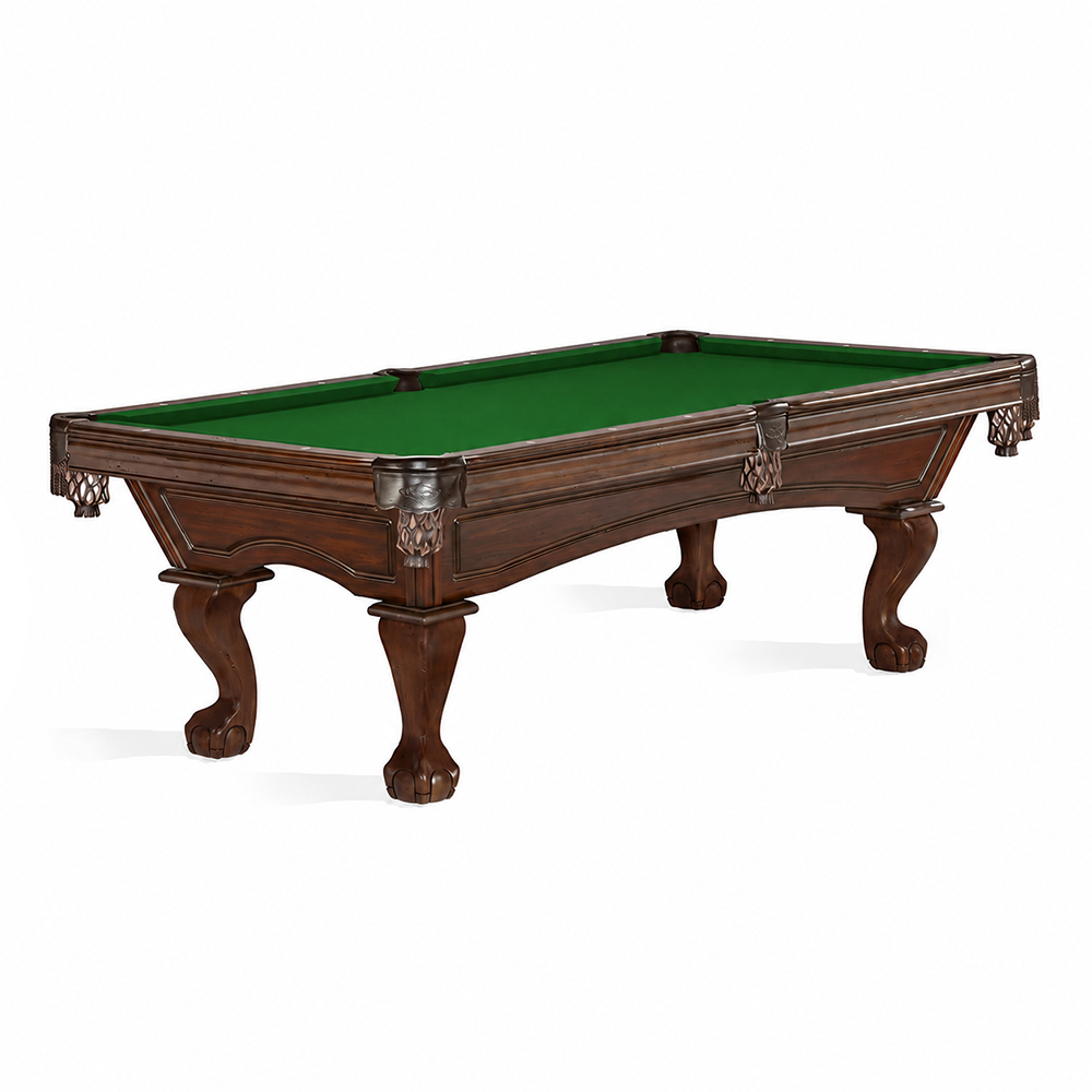 An elegant billiards table with a green felt playing surface and an ornate, dark wooden frame. It stands on four curved legs, which end in intricately carved claw feet. There are mesh pockets for the balls at the corners and along the sides.