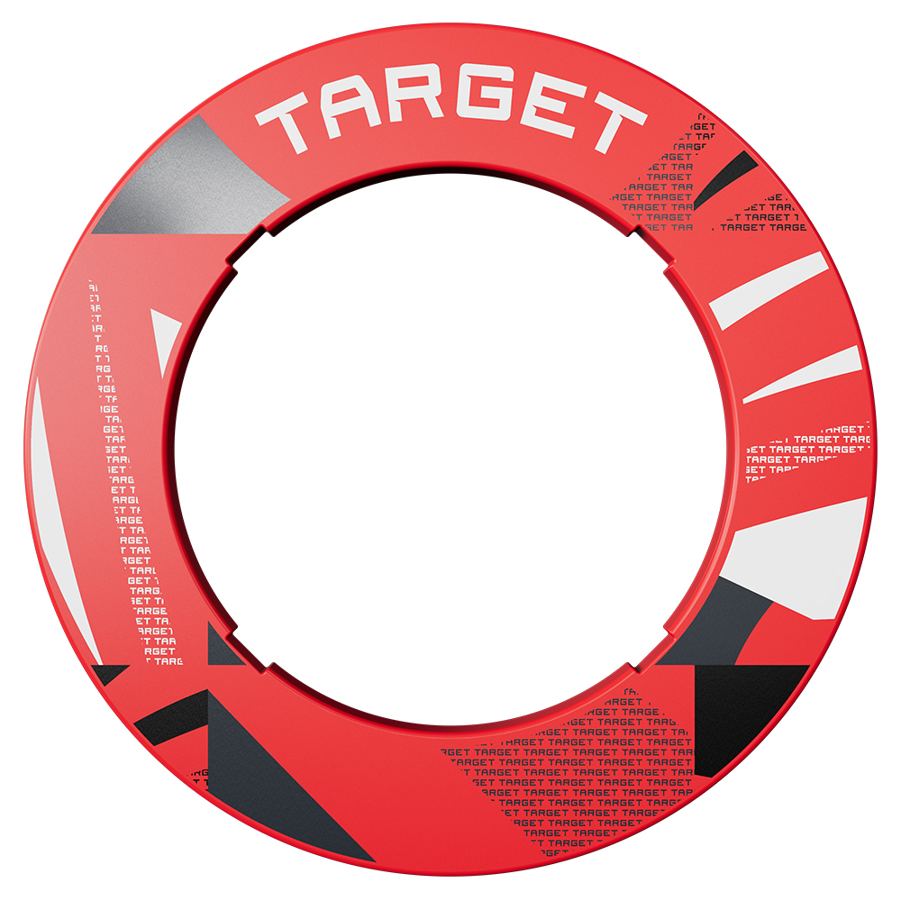 Catchring rouge et rond pour cibles de fléchettes, avec le logo « Target » blanc en haut. Motif géométrique moderne en blanc et noir. Surface lisse et légèrement réfléchissante. Encoches/rainures à l'intérieur pour les accessoires et la protection murale.