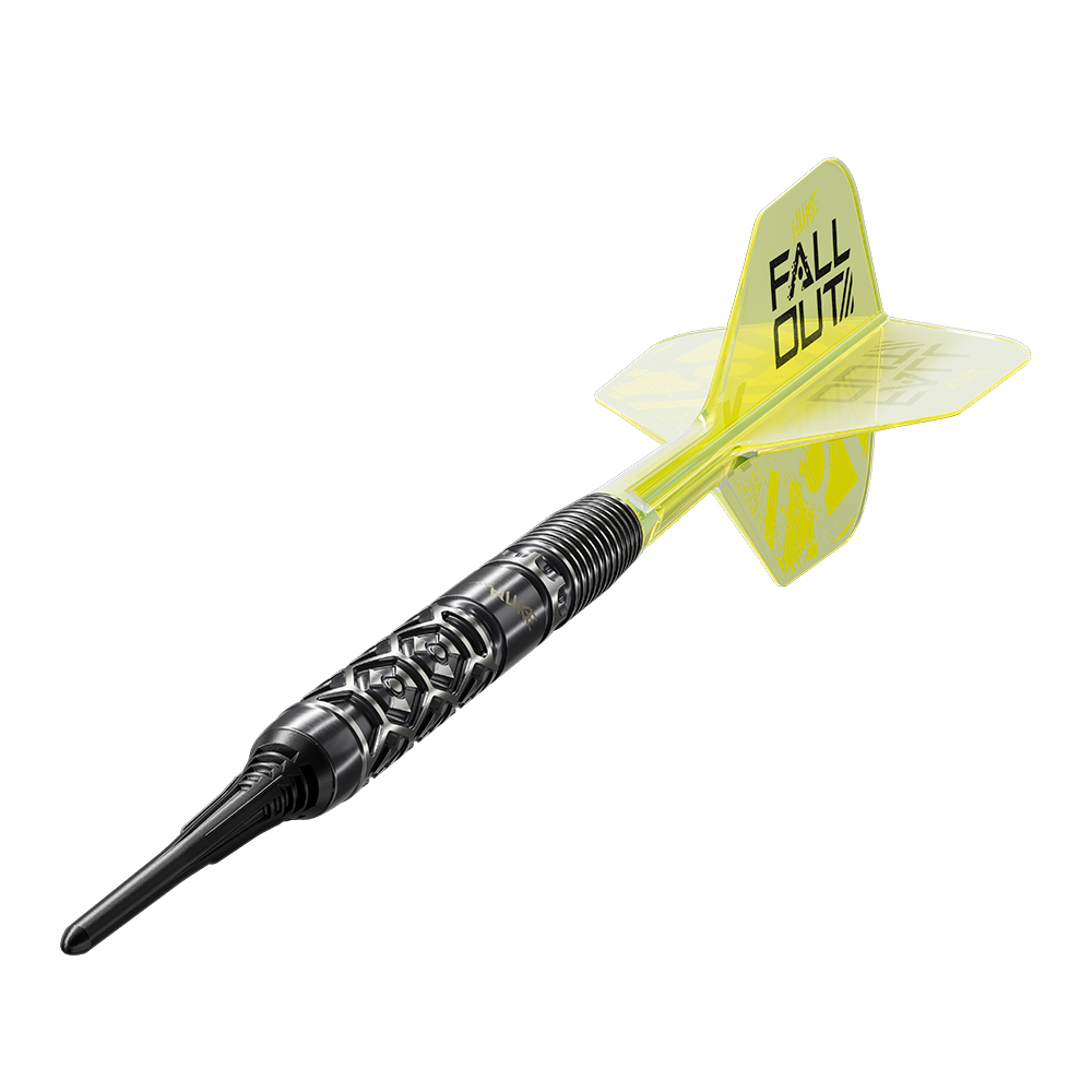 Fléchette souple dotée d’un corps noir usiné avec précision et d’une prise hexagonale. Tige et ailette K-Flex de couleur jaune fluo, avec logo « FALL OUT » noir et symbole Nuke. 90 % de tungstène avec revêtement PVD noir, pointe souple Cryo.