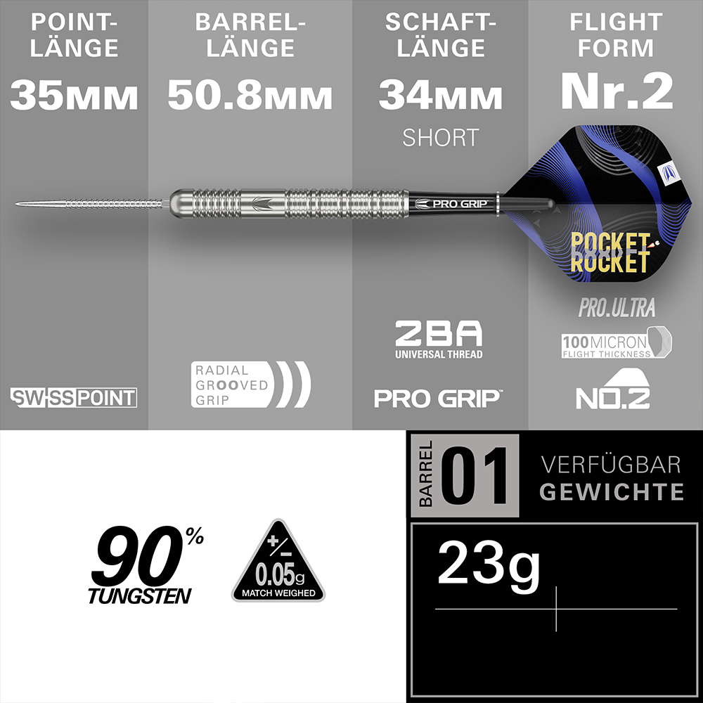 Vue détaillée d'une fléchette en acier : pointe Swiss Point argentée 35 mm, corps 50,8 mm en tungstène 90 % avec rainures radiales pour meilleure prise, tige Pro Grip noire 34 mm, ailette bleue « Pocket Rocket » n° 2. Poids : 23 g (+/- 0,05 g).