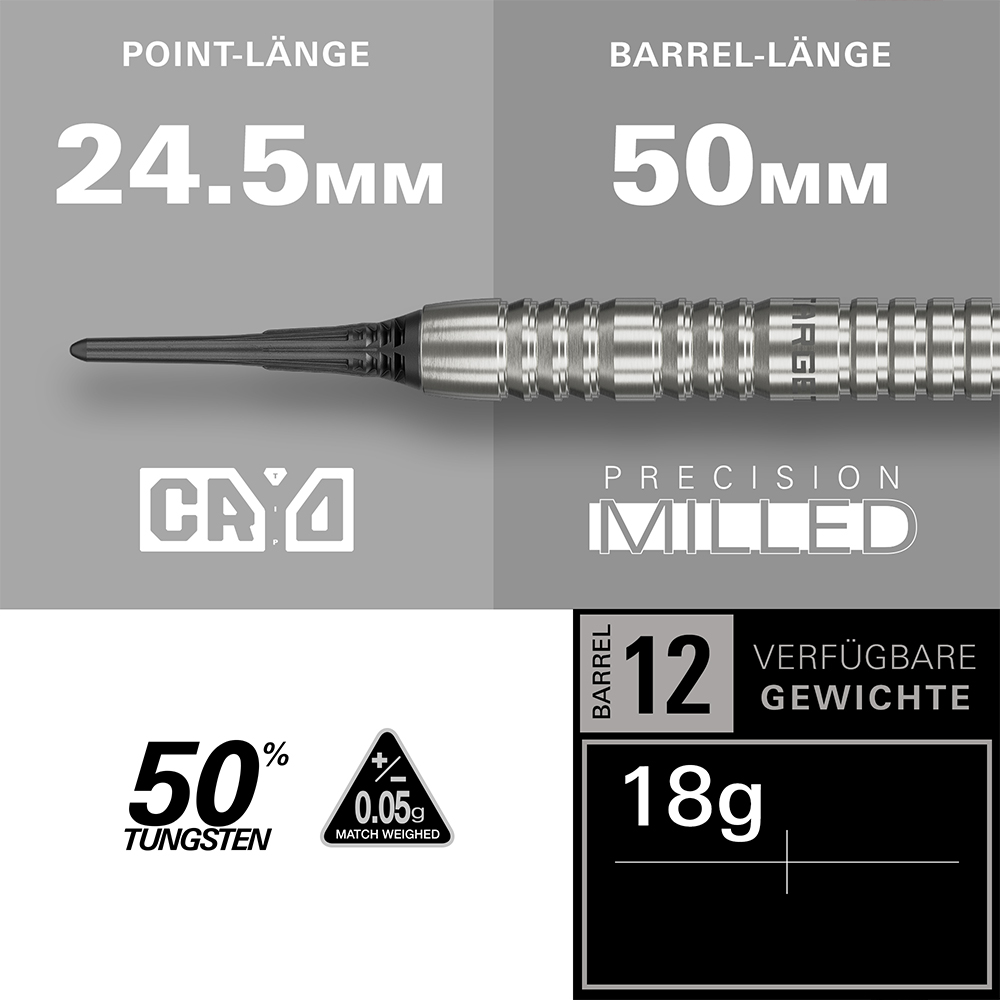 Gros plan sur une fléchette Softdart argentée « Target GROUP » avec corps fraisé de précision et rainures radiales. Pointe Cryo Soft noire (24,5 mm), corps 50 mm. 50 % tungstène, +/-0,05 g, 18 g, type 12.