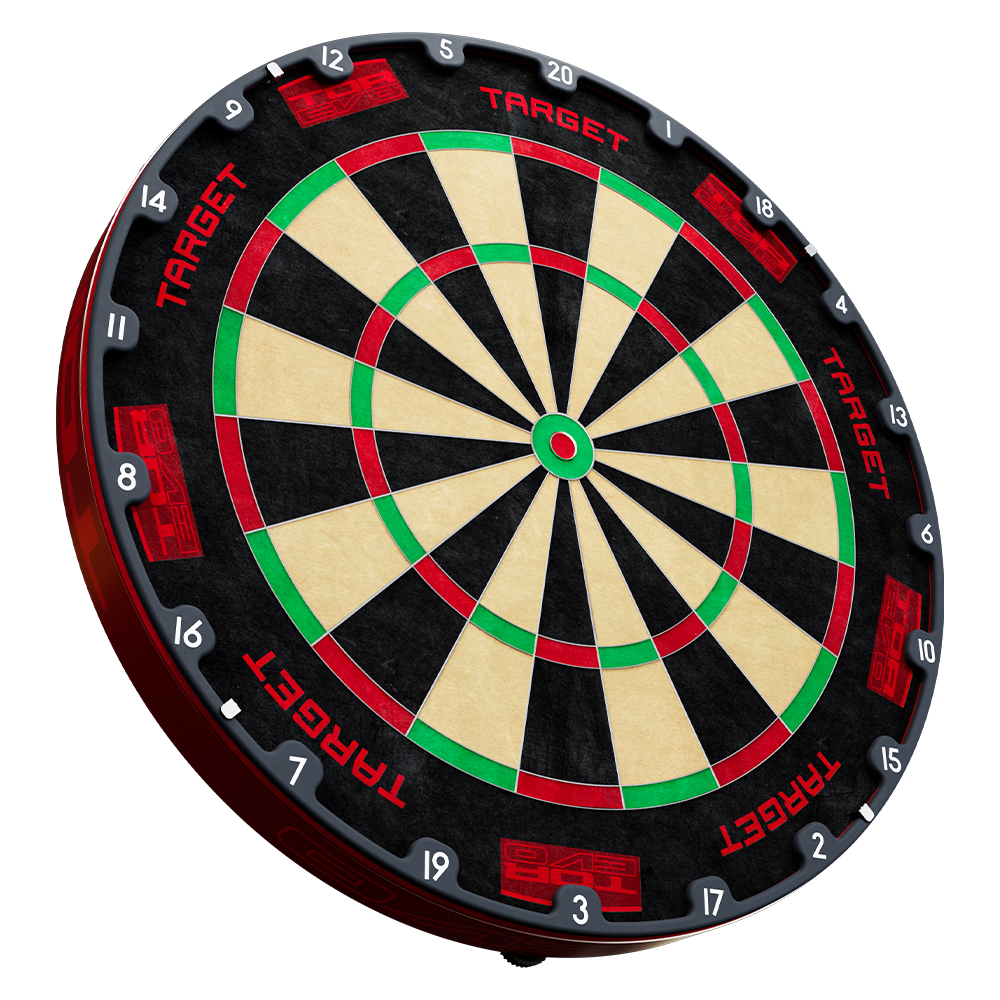 Cible professionnelle Target TOR EVO avec segments de score précis noirs, beiges, rouges et verts. Bordure gris foncé avec chiffres blancs indiquant les points et logos « Target » et « TOR EVO » en rouge. Centre rouge et vert.