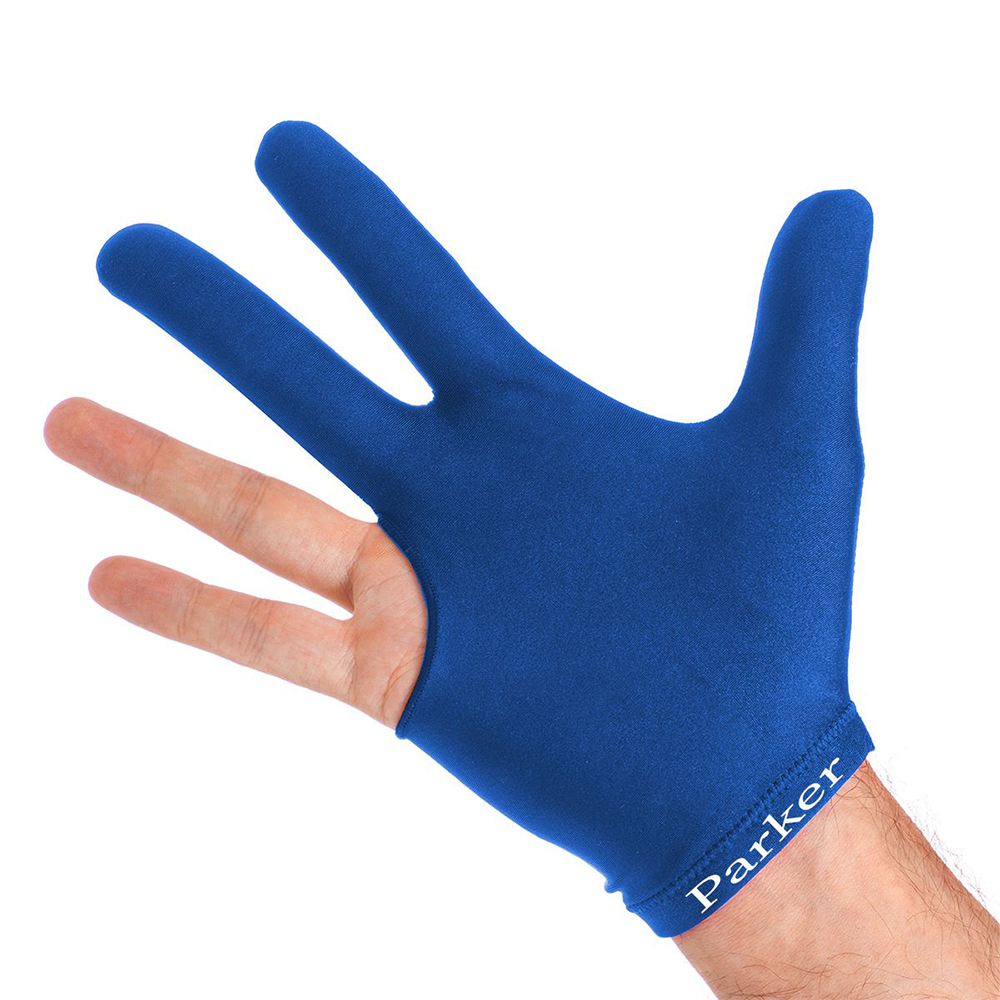 One hand is wearing a blue ‘ Parker ’ glove that completely covers the thumb, ring finger and little finger. The index and middle fingers remain uncovered. The ambidextrous glove is made of smooth fabric and the cuff bears the inscription ‘Parker ’.