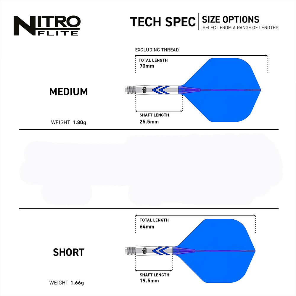 Spécifications techniques des composants des fléchettes Nitro Flite, disponibles en 2 tailles. « Medium » : fléchette avec ailette bleue, longueur totale de 70 mm (sans filetage), longueur de tige de 25,5 mm, 1,80 g. « Short » : 64 mm, 19,5 mm, 1,66 g.