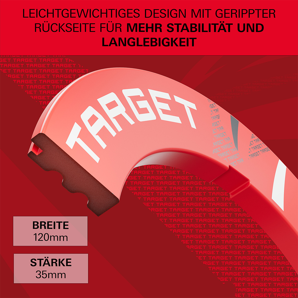 Gros plan sur un anneau de protection rouge « Target » pour protéger les cibles de fléchettes. Surface brillante avec logo « Target » blanc ; dessous nervuré et rainuré pour stabilité et durabilité. Dimensions : 120 mm, épaisseur 35 mm.