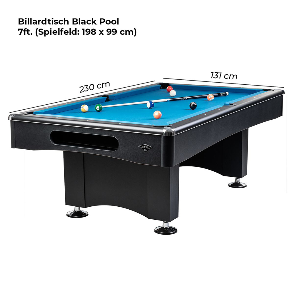Black pool table with a bright blue playing surface and coloured balls (yellow, green, blue, orange, black, red). Includes two white cues. Dimensions: 230 x 131 cm, chrome-plated corner reinforcements, height-adjustable legs.