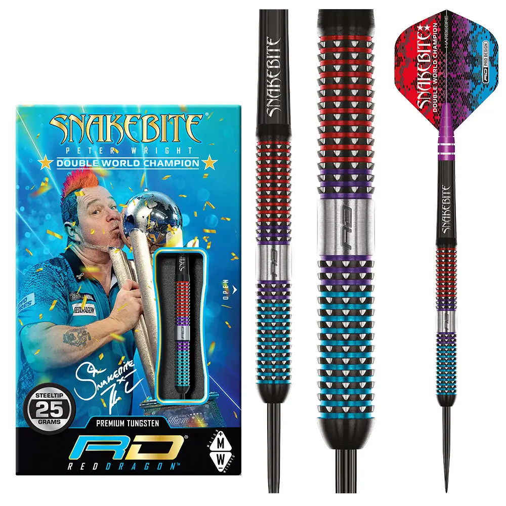 Packaging for the Red Dragon Peter Wright Spirit 25g steel darts, showing Peter Wright kissing a golden trophy. Beside it are three views of the dart: a black barrel with red/purple/blue grip zones and a "Snakebite" flight.