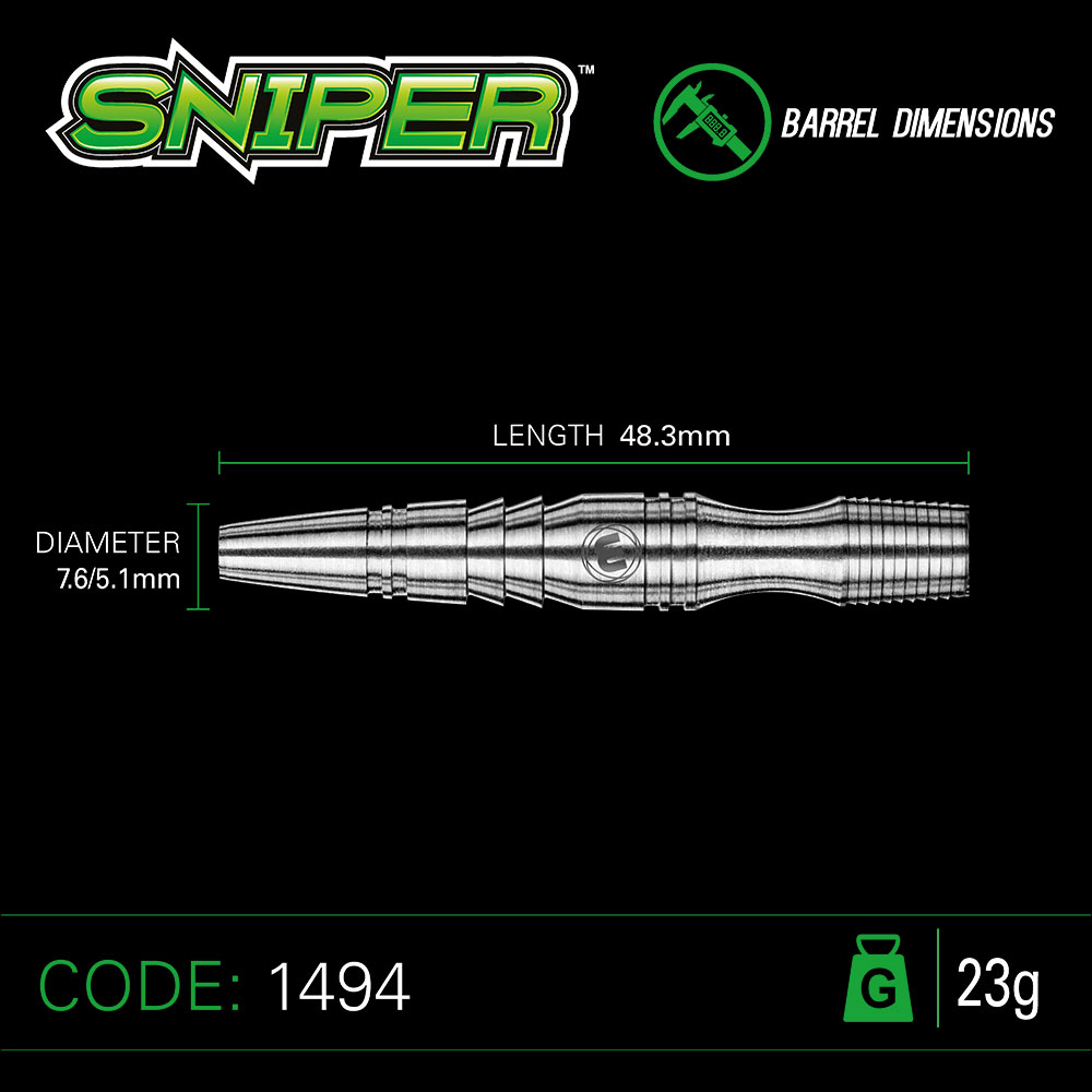 Technical drawing of a silver Winmau Sniper steel dart barrel with a complex ribbed design, multiple sections and a G logo. Dimensions: length 48.3 mm, diameter 7.6/5.1 mm. Code 1494, weight 23 g. For grip and precision.