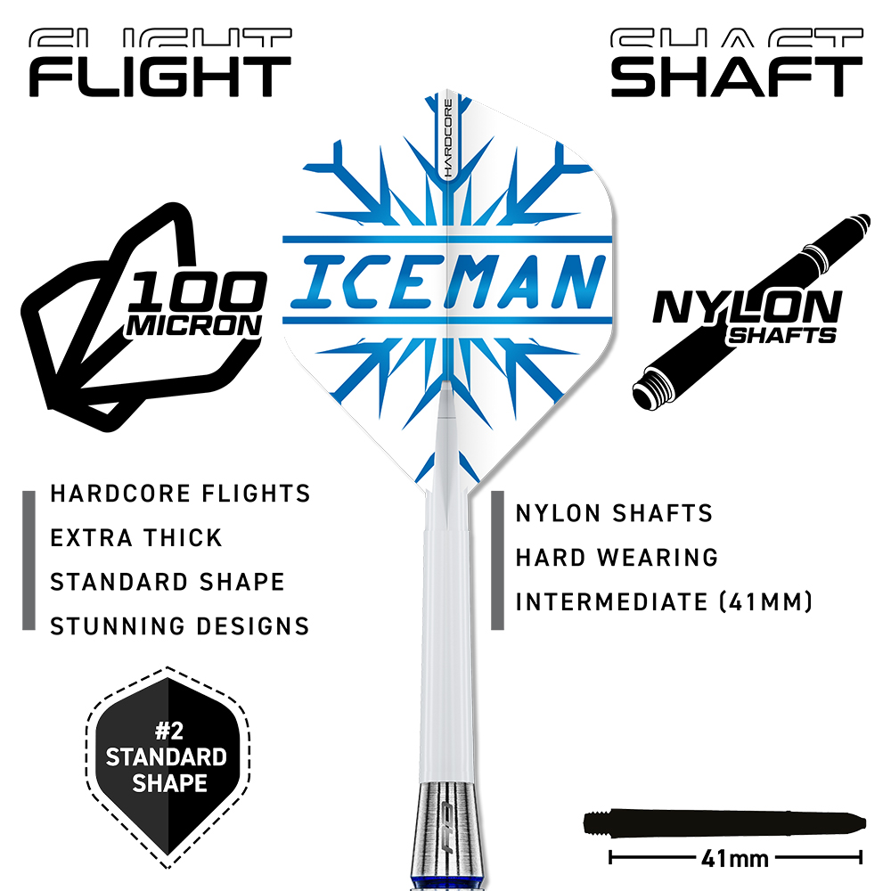 Detailed view of a steel-tip dart featuring a Gerwyn Price ‘Iceman’ flight. White 100-micron flight with blue ‘ICEMAN’ lettering and a snowflake pattern. Durable nylon shaft in medium length (41 mm), suitable for the Gerwyn Price ‘ Red Dragon ’ set.
