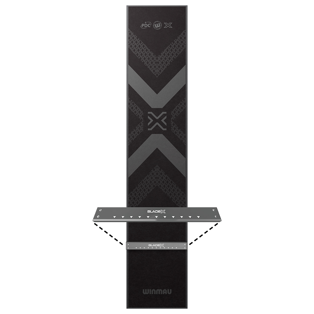 Ein langes, dunkles Dart-Oche mit markantem X-Design mittig. Oben die Logos von PDC und Winmau X. Zwei graue BladeX-Abwurflinien mit weißen Dreiecken unten markieren die Wurfdistanz. Unten das Winmau-Logo.