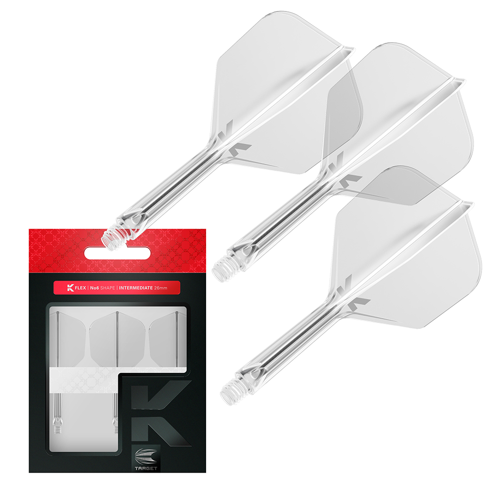 Trois ailettes de fléchettes K-Flex transparentes avec tiges intermédiaires intégrées, présentées dans un emballage noir. Forme n° 6, transparentes. L'emballage présente d'autres ailettes et porte l'inscription « K-Flex | No6 Shape | Intermediate 26 mm ».