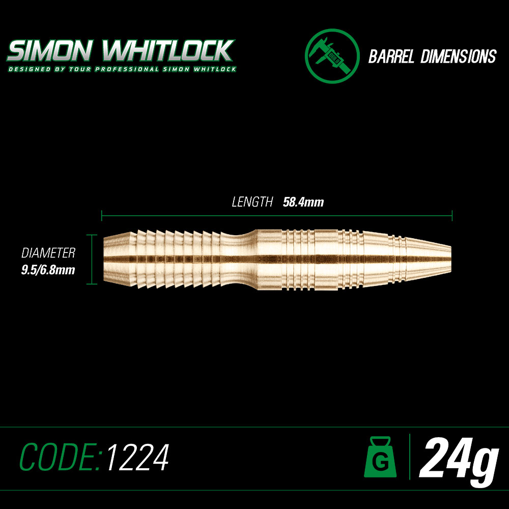 Detailed view of a gold-coloured Winmau Simon Whitlock steel dart barrel made of brass. The grooved surface ensures a secure grip. The barrel is 58.4 mm long, has a diameter of 9.5/6.8 mm and weighs 24 grams.