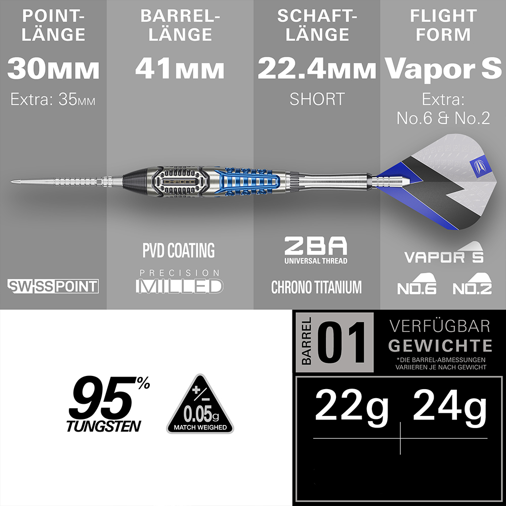 Infographie d'une fléchette Steeldart bleue/argentée : pointe de 30 mm (Swiss Point), corps de 41 mm (PVD), tige de 22,4 mm (Chrono Titanium) et ailettes de type Vapor S. 95 % de tungstène, tolérance de poids de +/-0,05 g, poids de 22 g/24 g.