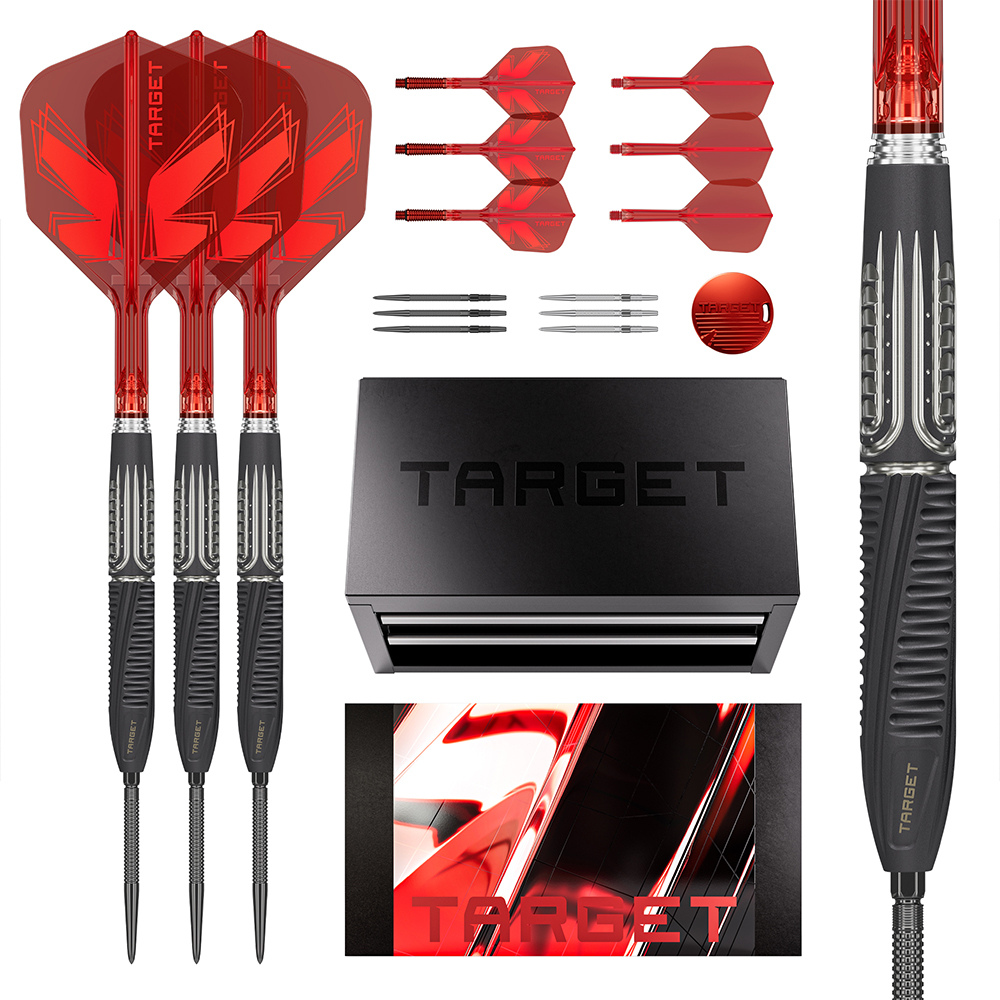 Target -Shift steel dart set: three assembled darts with black barrels and red K-Shift flights. Includes: six spare red flights, black/silver Swiss Point tips, red Swiss Point key, ‘ Target ’ toolbox, close-up photo.