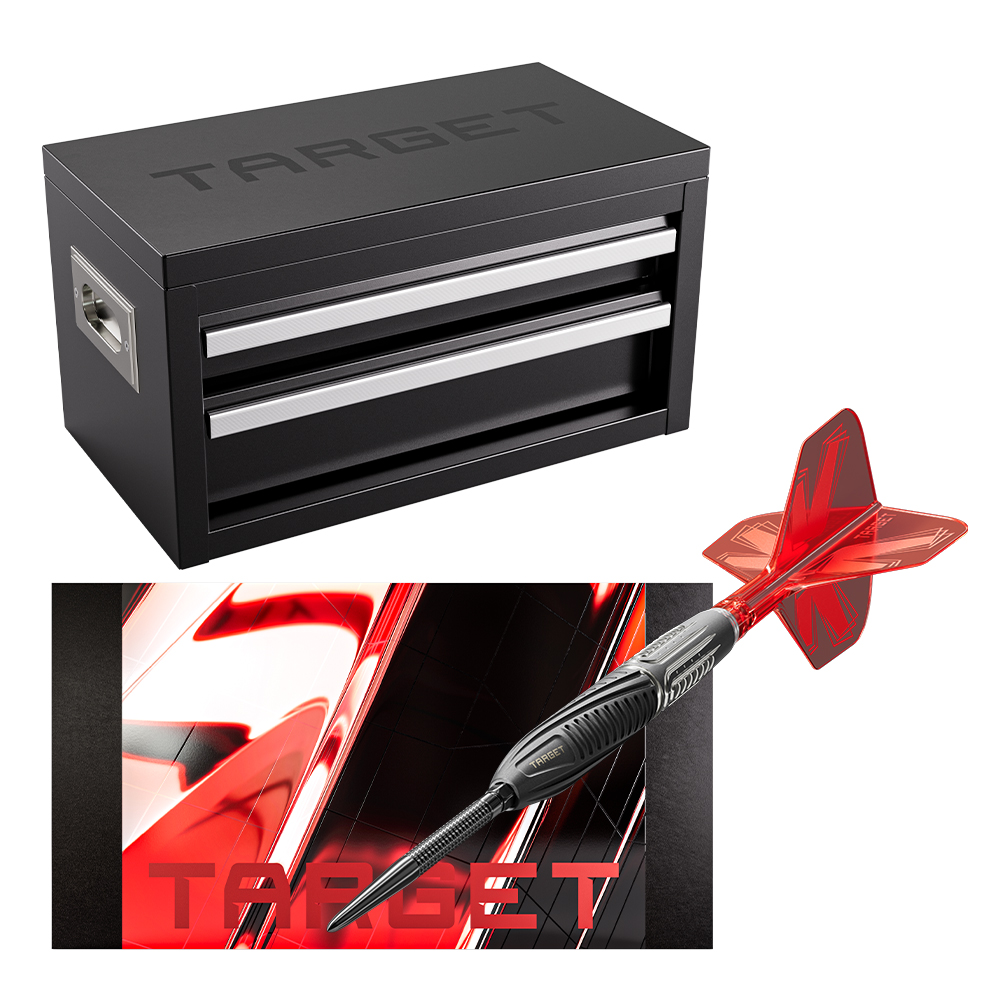 A black miniature toolbox with two silver drawers and ‘Target’ on the lid. To the right of this is a grey ‘ Target ’ SHIFT steel dart with a transparent red flight system. At the bottom is an abstract red and black ‘Target’ design.