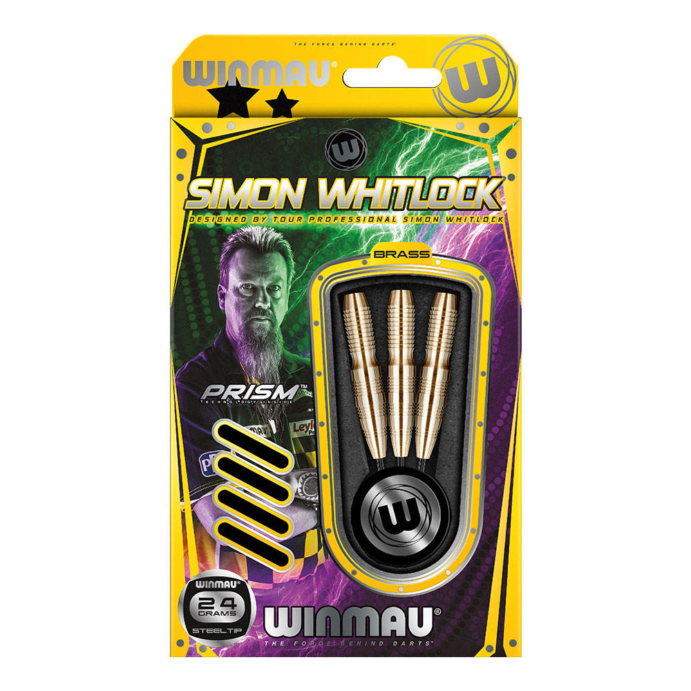 Winmau Steel-tip darts set in a yellow and black cardboard box. On the left, a portrait of professional darts player Simon Whitlock, alongside three gold-coloured brass steel-tip darts in a transparent display. At the bottom, "24 GRAMS" and "STEELTIP".