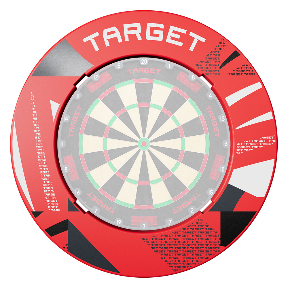 Catchring rouge et rond à placer autour d'une cible de fléchettes, orné du logo « Target » en blanc et d'un motif géométrique. Protège le mur ; rainuré à l'intérieur pour laisser passer la lumière.