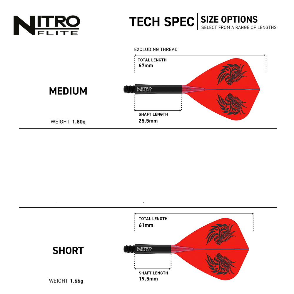 Caractéristiques des plumes Nitro Flite en deux tailles : Medium et Short. Medium : 67 mm, tige 25,5 mm, 1,80 g. Short : 61 mm, tige 19,5 mm, 1,66 g. Plumes rouges avec motif de dragon noir.