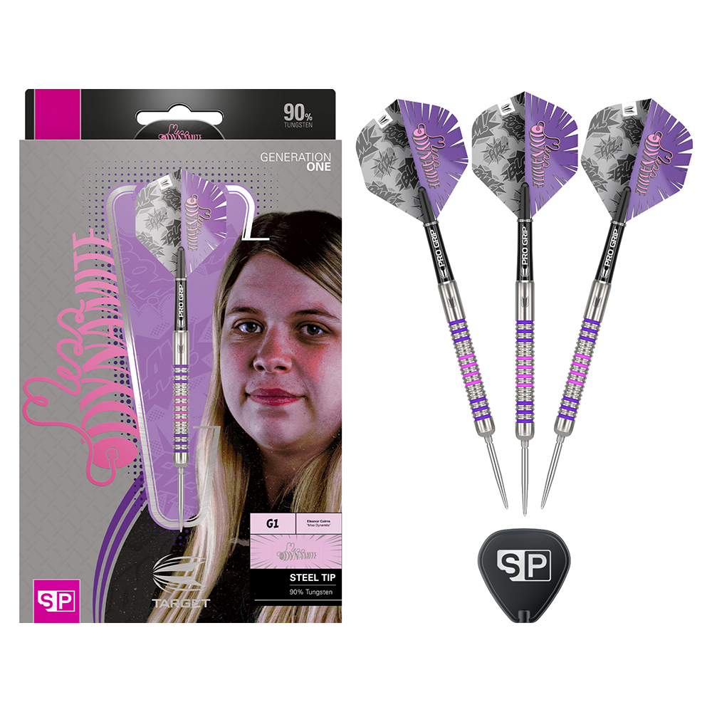Drei Steel-Tip-Darts mit lila/pinken Ringen am silbernen Barrel, schwarzen Schäften und lila Flights mit pinkem Skorpion-Logo und grauen Mustern. Daneben die Verpackung mit Eleanor Cozens und einem Dart. SP-Logo-Accessoire darunter.