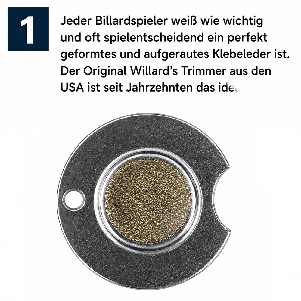 Rundes, silbernes Metallwerkzeug für Billard-Queues mit zentraler, kreisförmiger, körniger Fläche zum Aufrauen des Klebeleders. Links kleines Loch, rechts seitliche Aussparung. Leicht matte Textur.