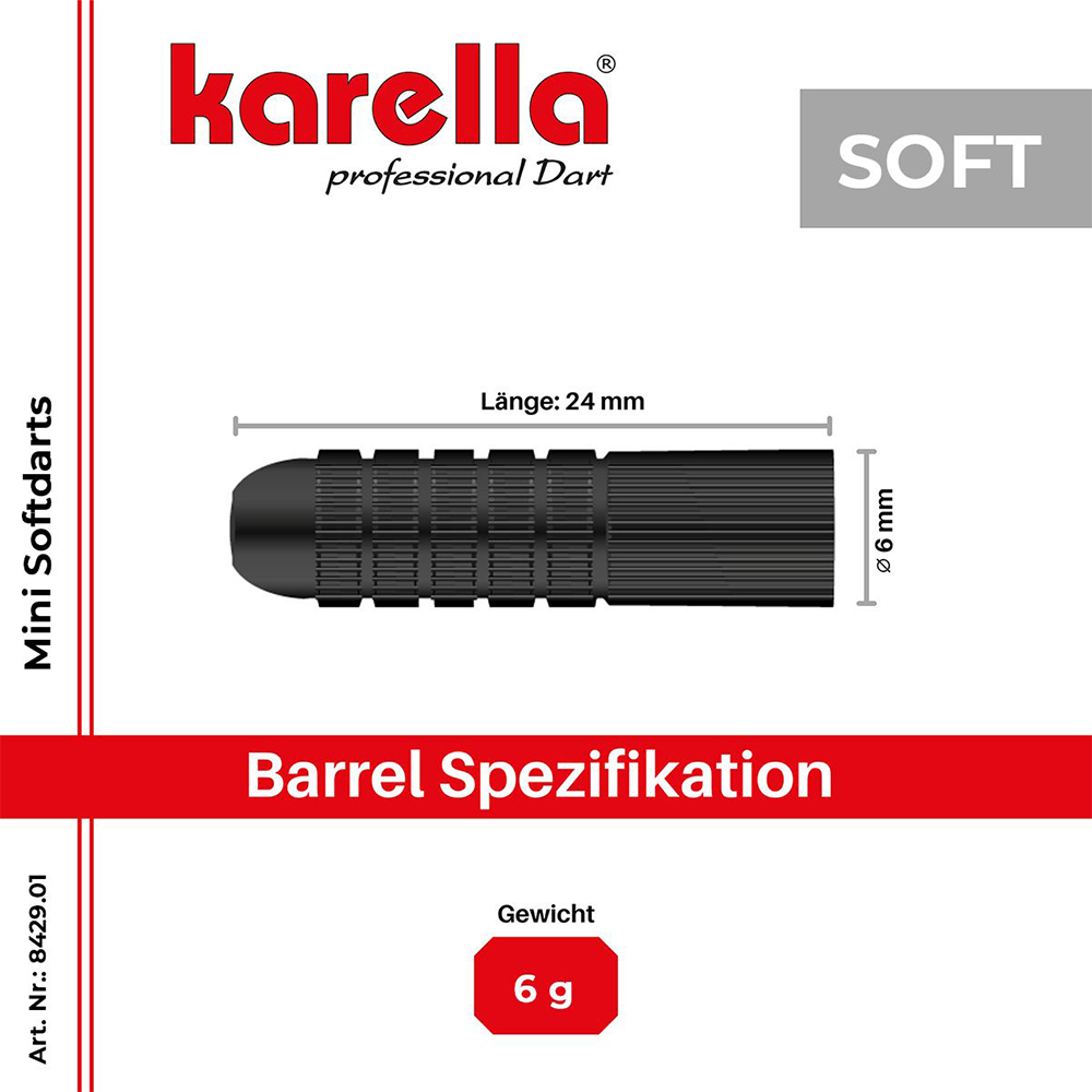 Schéma d'un corps de fléchette Softdart noir cylindrique, avec dimensions détaillées et zone de préhension texturée. Longueur 24 mm, diamètre 6 mm. Poids 6 g. Partie d'un kit de mini-fléchettes Softdart.