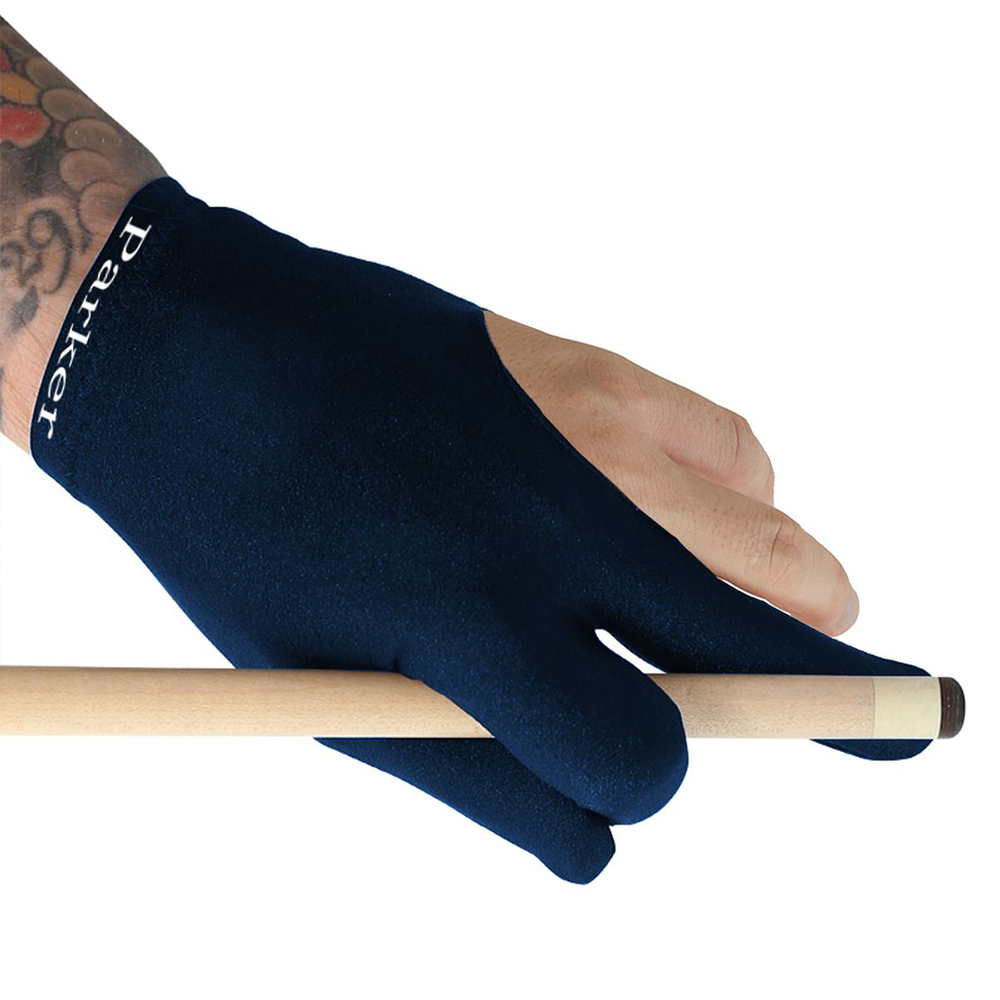 Left hand with forearm tattoos wearing a dark blue billiards glove. Covers the index, middle and ring fingers; white lettering on the wrist reading ‘Parker’. Firmly gripping a wooden billiards cue; focus on a precise grip.