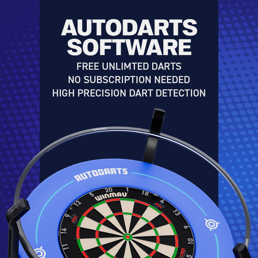 Cible « Winmau » aux segments rouges et verts, entourée d’un système de comptage automatique « Autodarts Vantage » bleu et circulaire. Au-dessus, le logiciel « Autodarts » offre une détection gratuite et une grande précision.