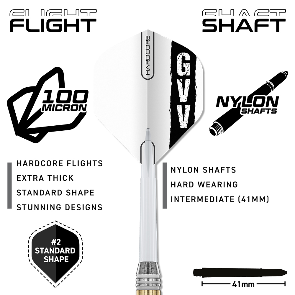 A dismantled steel dart. White flight marked ‘GVV’ and ‘Hardcore’, 100 microns, standard shape. White nylon shaft, 41 mm. Silver brass barrel with a gold tip. Shows parts of the Gian van Veen brass dart.