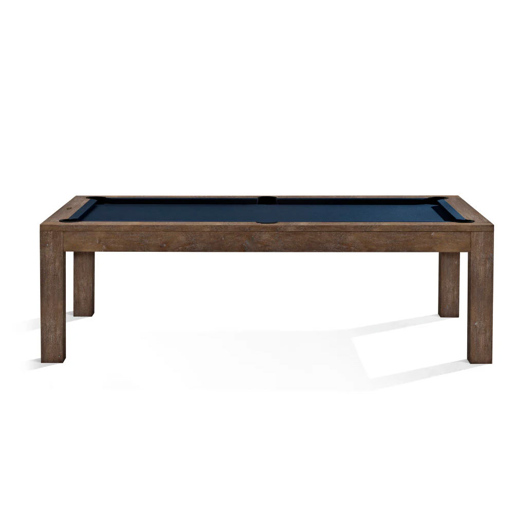Table de billard américain moderne 8 pieds « Brunswick » Soho en bois de noix de muscade aux lignes minimalistes. Structure en acajou massif avec placage en chêne blanc, tapis bleu foncé, poches plates, quatre pieds, fond blanc.