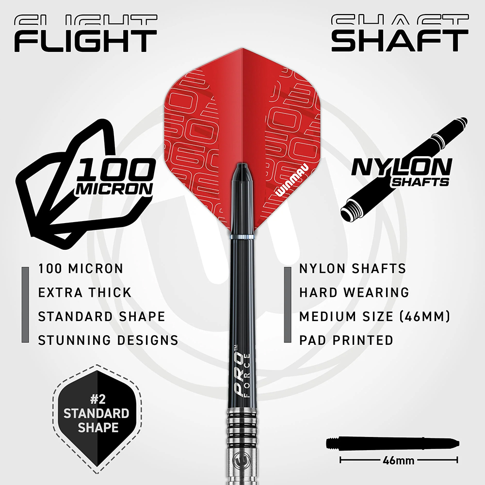Image détaillée d'une fléchette noire avec une ailette Winmau rouge (forme standard n° 2, 100 microns). Tige en nylon noir, 46 mm, avec l'inscription « PRO FORCE ». Les composants « Winmau » garantissent des caractéristiques de vol précises.