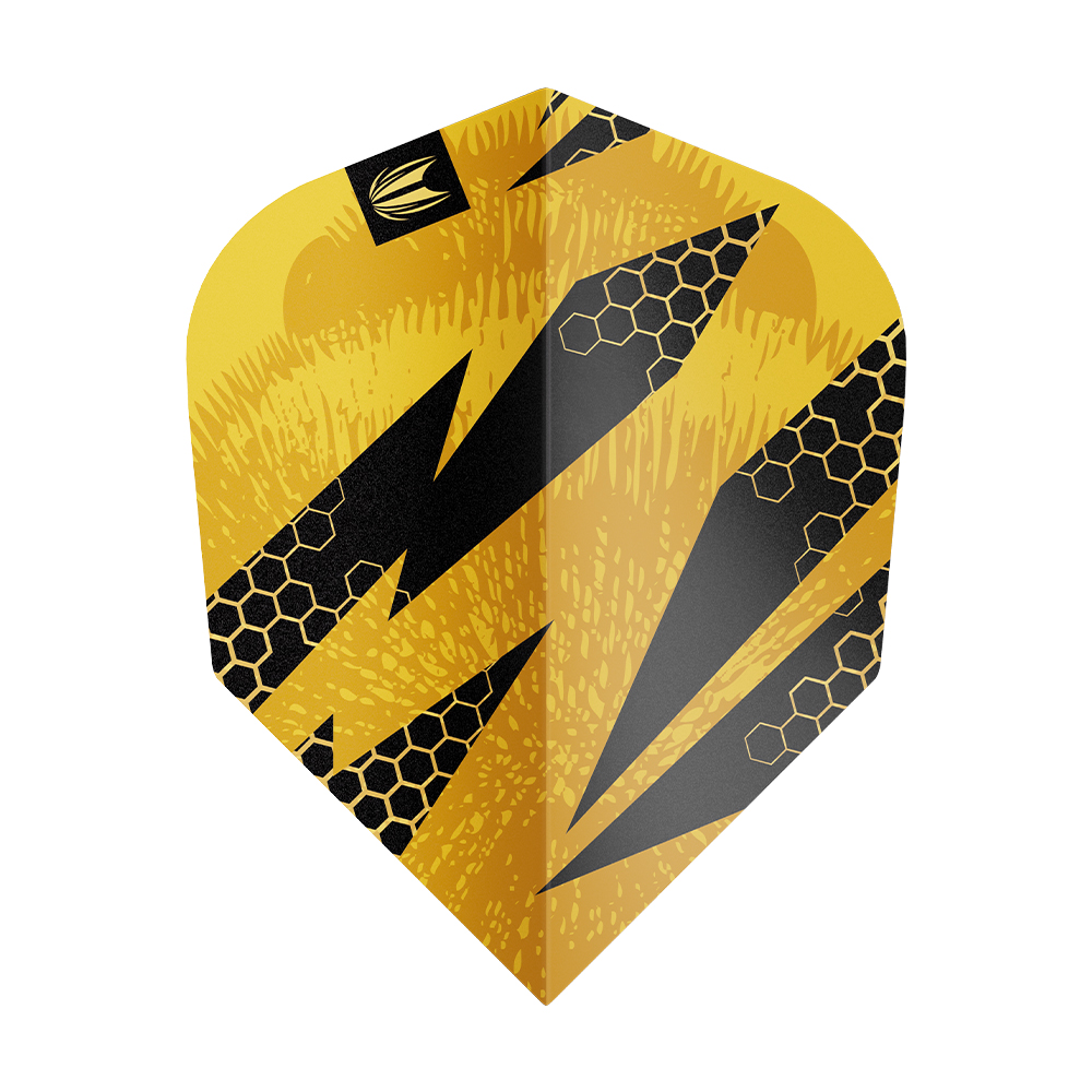 Plume de fléchette n° 6 jaune et noire au motif « BUZZ » : bandes dentelées, motif alvéolé partiellement doré, texture rappelant celle d’une abeille. Logo Target. Plume Pro Ultra pour des lancers stables et précis.