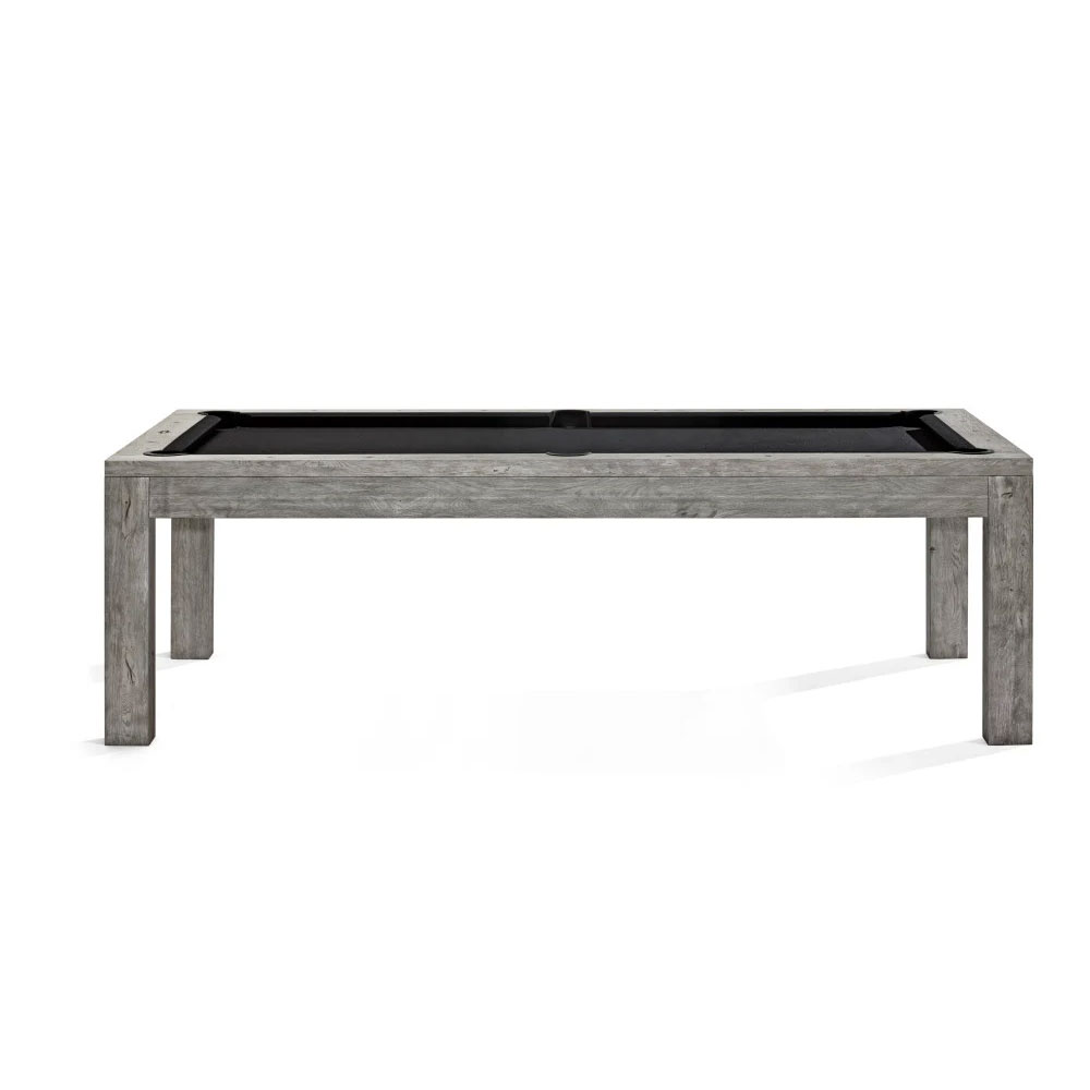 Modern 8-foot Brunswick Sanibel pool table in Rustic Grey. Sturdy wooden construction with distinctive grain and a weathered finish. Black cloth, flat pockets integrated into the minimalist design.