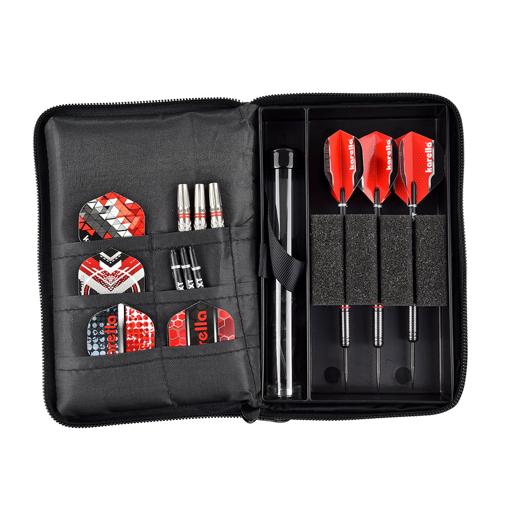 Open black dart case with accessories: on the left, six dart flights in red, black and white, as well as several silver and black shafts. On the right, three assembled darts with red ‘ Karella ’ flights in foam holders and a storage tube.