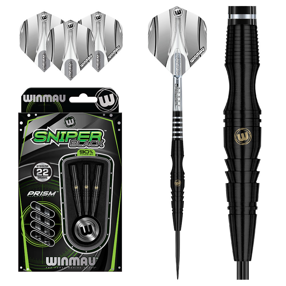 Winmau Sniper Black 22 Gramm Steeltip Darts-Set mit drei vollständig montierten Darts, deren schwarze Barrels mit silbernen Schäften und weißen Prism Flights kombiniert sind, sowie drei zusätzlichen Flights und der originalen grünen Verpackung.