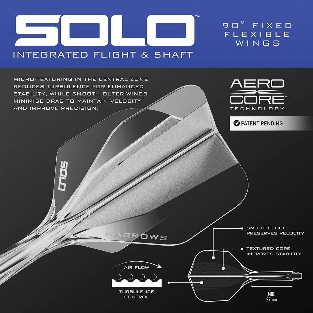 Close-up of a Harrows Solo Integrated dart flight for steel darts, featuring Aero-Core technology and a micro-textured centre to reduce turbulence. Smooth outer wings reduce air resistance for greater speed and precision.