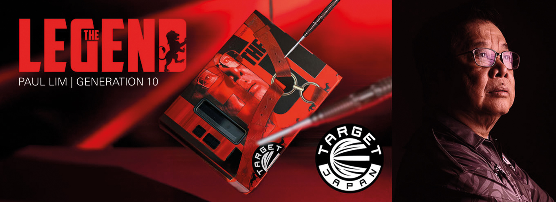Paul Lim blickt rechts nachdenklich. Links eine rote Dart-Verpackung mit seinem Porträt und dem Text "THE LEGEND PAUL LIM | GENERATION 10". Zwei Darts stecken in der Verpackung. "Target Japan"-Logo auf Rot.