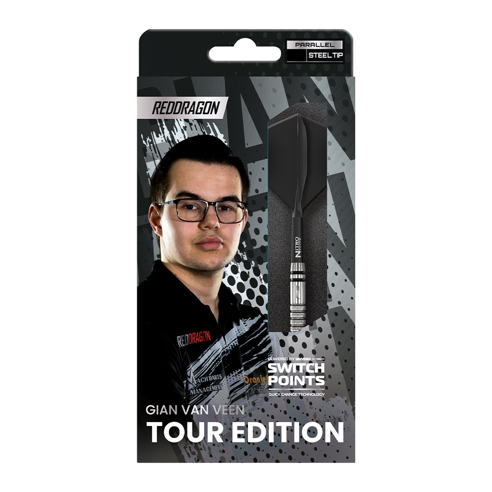 RedDragon Gian van Veen Tour Edition Steeltip Darts Verpackung: links Porträt von Gian van Veen mit Brille, rechts ein Dartpfeil. Dunkler Hintergrund, Produktname und Branding.